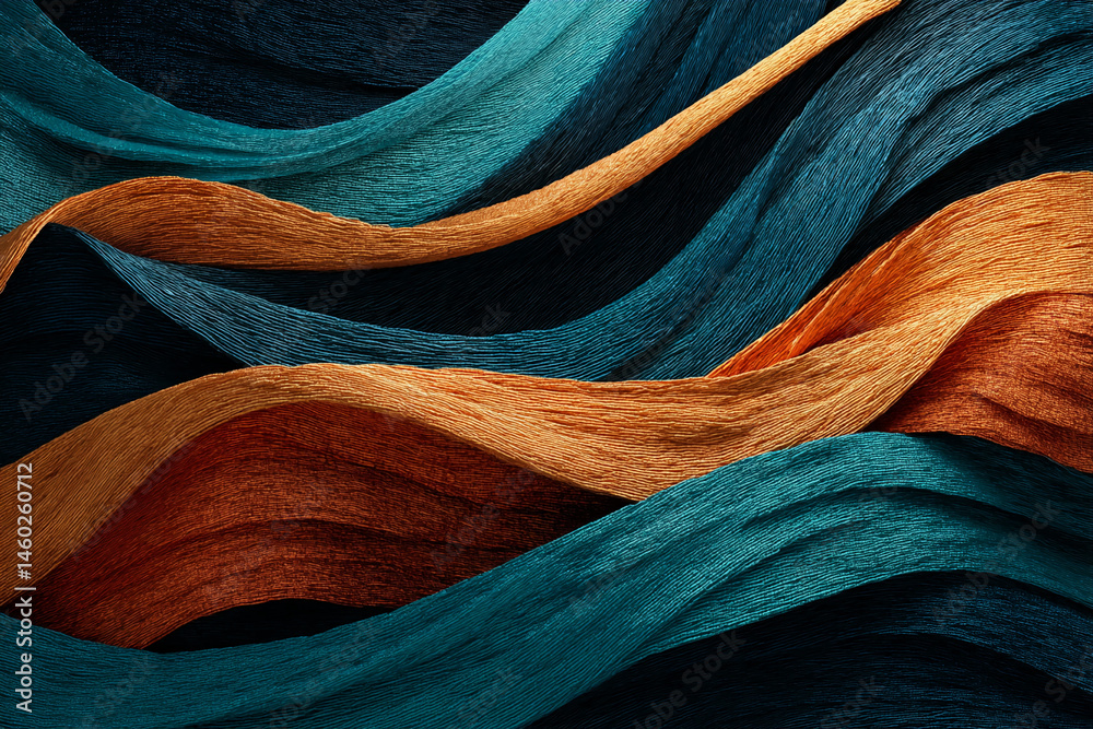 Poster Abstract image of teal, orange, and brown fabric textures in wavy patterns, creating a dynamic and elegant design, showcasing smooth, flowing lines, ideal for background use