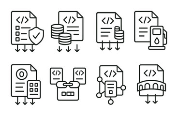 Line style icons of smart contracts: batch transaction contract, multiple transaction bundling, gas-efficient contract execution, token batch transfer, cross-chain contract interaction,