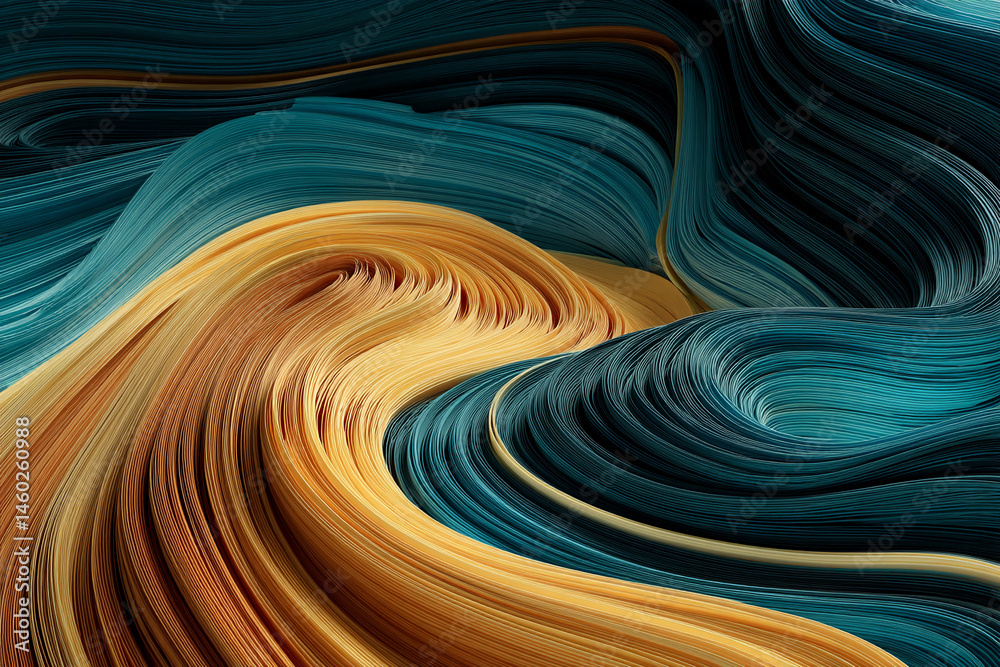 Poster Abstract image of swirling teal and gold layers creating a wave-like pattern, suggesting movement, fluidity, and dynamic energy