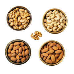 Delicious variety of nuts in bowls almonds cashews walnuts healthy snack on transparent background