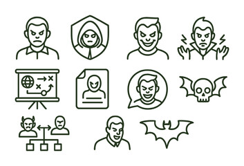 Line style icons of villain characters: antagonist icon, dark cloak badge, evil smile tag, ominous powers file, villainous plot board, nemesis chart, villainous laugh bubble, villainy symbol.