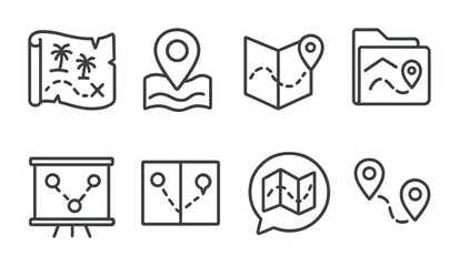 Line style icons of quest maps: treasure map icon, location badge, map navigation tag, journey file, exploration board, map points chart, travel bubble, quest tracking symbol.