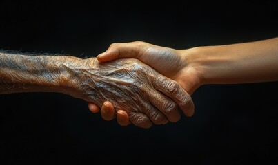 Young and old hands clasped together, symbolizing generational connection, support, and the passage of time