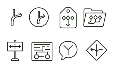 Line style icons of quest branches: branching path icon, decision point badge, multiple endings tag, storyline options file, quest choice board, alternate chart, player decision bubble, branching
