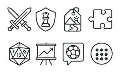 Line style icons of game genres: action game icon, strategy game badge, adventure game tag, puzzle game file, RPG game board, simulation chart, sports game bubble, genre classification symbol.