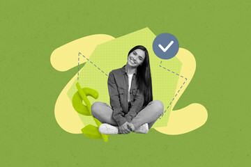 Pop art full zine photo collage of happy businesswoman businessman receive usd capital income...