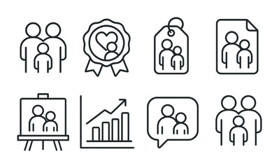 Line style icons of child-parent bonding: family icon, love badge, family outing tag, parent-child file, bonding time board, quality time chart, togetherness bubble, family symbol.