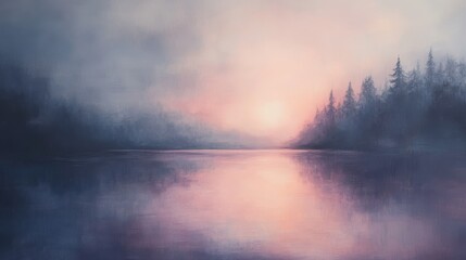 Obraz premium Misty landscape at sunrise, painted in soft hues.