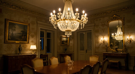 Opulent Dining Room Adorned With Crystal Chandelier And Classic Furnishings