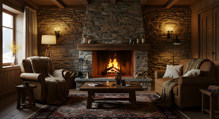 Obraz premium Rustic Retreat Cozy Living Room With Fireplace and Warm Ambiance