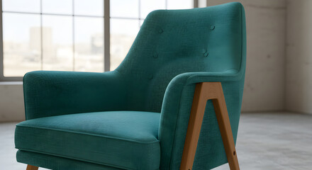 Stylish Turquoise Armchair with Wooden Frame In An Empty Room