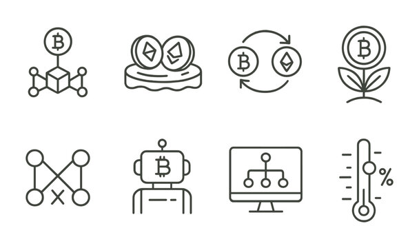 Line style icons of cryptocurrency: decentralized exchange (DEX), liquidity pool icon, swap tokens icon, yield farming badge, AMM protocol symbol, crypto trading bot, DEX aggregator icon, slippage