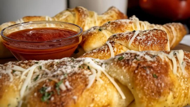 Delicious golden baked garlic knots topped with parmesan cheese and fresh parsley, served with bowl of rich marinara sauce.