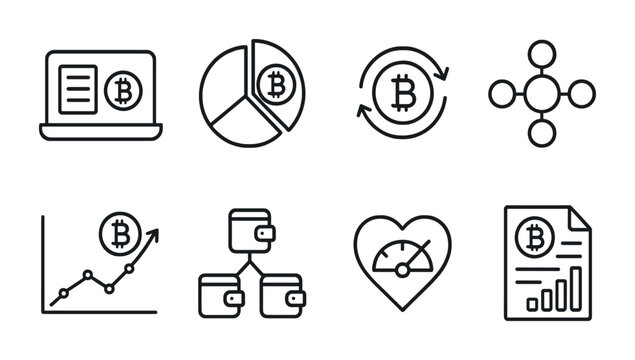 Line style icons of cryptocurrency: crypto portfolio tracker, asset allocation pie chart, crypto rebalancing icon, diversified investment, crypto portfolio growth, tracking multiple wallets,