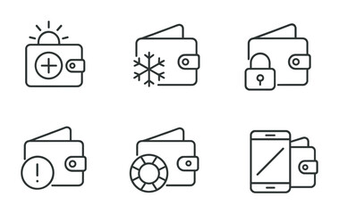 Line style icons of wallets: emergency wallet access, frozen wallet alert, locked funds icon, blocked transaction icon, restricted wallet usage, wallet recovery support, stolen wallet report, lost