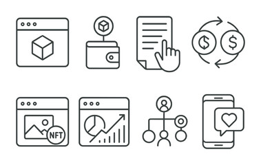 Line style icons of Web3 apps: decentralized application (dApp) icon, Web3 wallet connection, smart contract interaction, token swap app, NFT marketplace access, DeFi dashboard app, DAO management