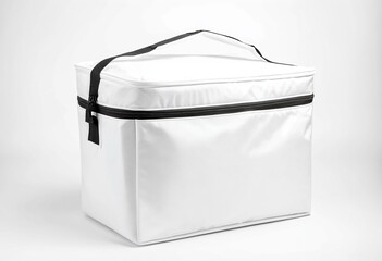 A white cooler bag sitting on top of a table.