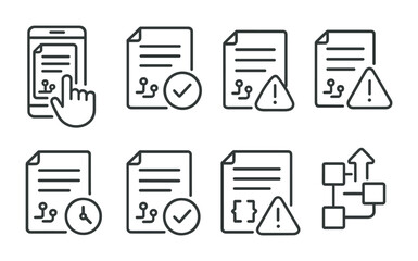 Line style icons of smart contracts: contract interaction screen, contract approval button, contract rejection warning, pending contract status, executed contract checkmark, failed contract alert,