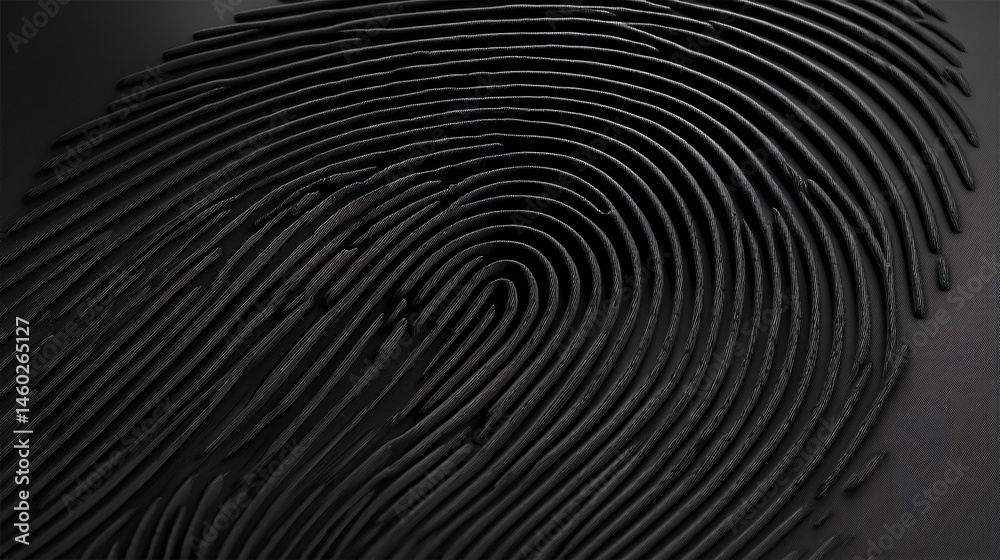 Poster close-up of a textured black fingerprint, showing concentric ridges and furrows, symbolizing identit