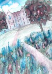Top view of a country house and fantasy landscape with flowers on a summer day in blue tones is a hand-drawn watercolor painting.