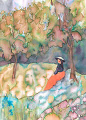 Girl sitting in autumn forest - this landscape is hand painted with ink. Autumn landscape art for graphic design.
