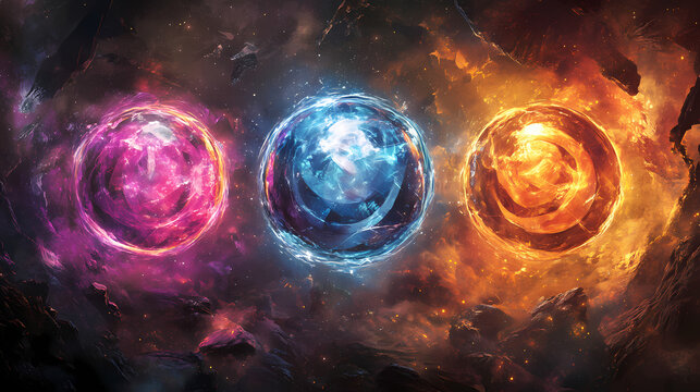 Colorful cosmic mirror fracturing into shards representing infinite possibilities. [Fractal Myths] | Temporal Glyphs | looping sigils. Illustration