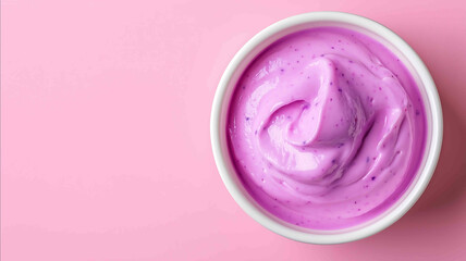 Advertising photo topdown view dynamic swirl of creamy mass with a soft lavender base blending gently with a white cream mass in a smooth rich texture The lavender and white masses s