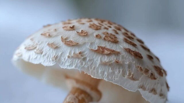 Close-up of a beautiful parasol mushroom with white gills and textured cap in natural light showcasing fungal details