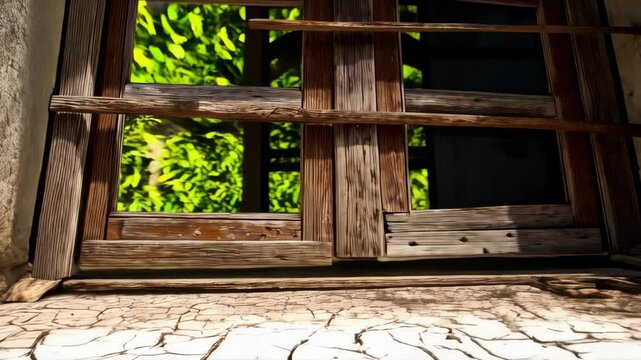 Weathered wooden window frame in aged wall overlooking verdant foliage under bright sky, detail shot showcasing decay and natural light
