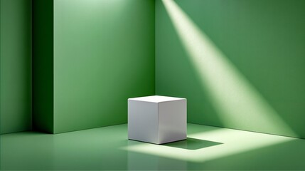A white cube sitting in front of a green wall
