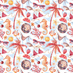 Watercolor seamless pattern with tropical flowers and fruits, sea plants and fish, disco ball, swimsuit hand drawn with watercolor. Tropical sea party background.