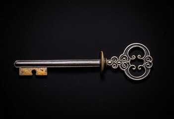 A silver skeleton key on a black background.