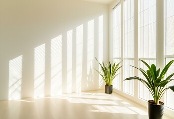 A room with two potted plants in front of a window.