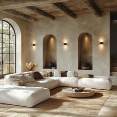 Rustic living room with sectional sofa, natural light