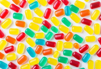 A pile of brightly colored candies on a white surface.