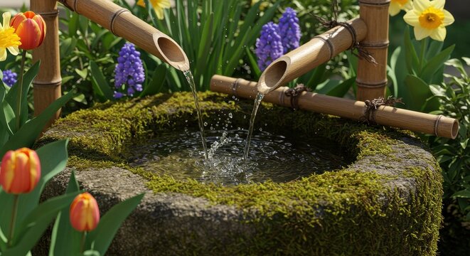 Serene Japanese Garden Water Feature with Bamboo Spouts