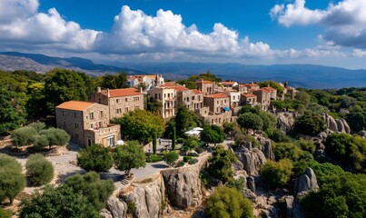 Obraz premium Hillside village perched amongst rocks trees