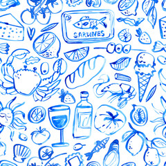 Seamless background with Italian coastal food and summer vibes – seafood, pasta, wine and Mediterranean vacation 
