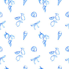 Seamless watercolor pattern with Italian gelato, citrus fruits, summer sweets – hand-drawn dessert design with Mediterranean vibe