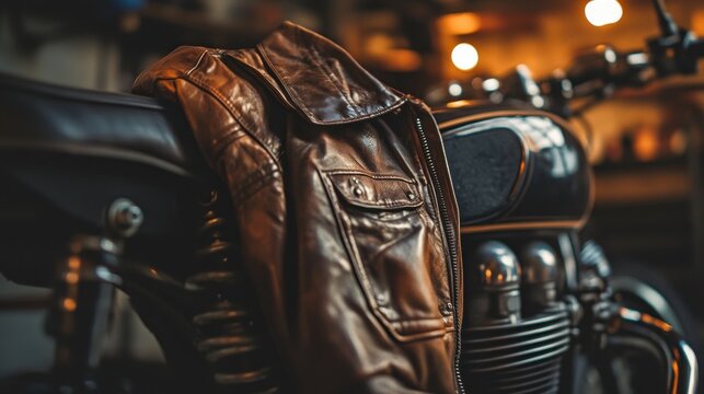 Closeup of a brown leather jacket leaning against a motorcycle.