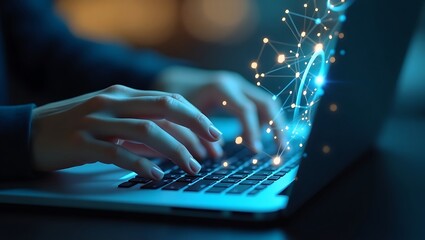 Conceptual data flow through digital network on a laptop, technology