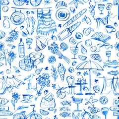 Seamless watercolor pattern inspired by La Dolce Vita &ndash; hand-drawn linear sky blue illustrations of beach life, lemons, swimsuits, baguettes, books, picnics, bicycles and food