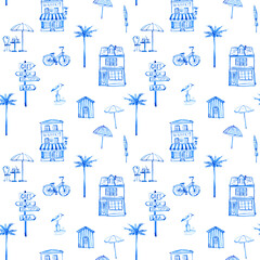 Seamless watercolor line art pattern with beach vacation vibes – hand-drawn umbrellas, cafés, bicycles, seagulls and coastal charm of California