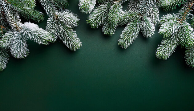 snowy christmas tree branches or snowy christmas fir tree on a dark green background
