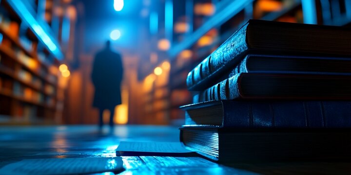 Mysterious figure in a dimly lit library with stacked books and a clandestine atmosphere
