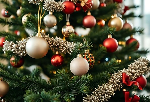 close up of a christmas tree with ornaments - Powered by Adobe