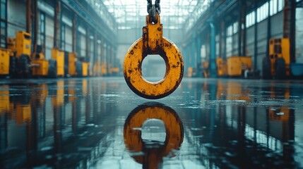 Rusty lifting ring reflected in wet factory floor