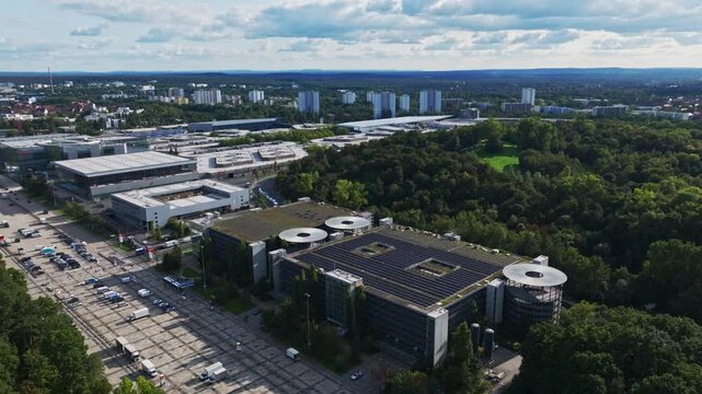 Aerial drone view of N&uuml;rnbergMesse in Nuremberg, Germany.
