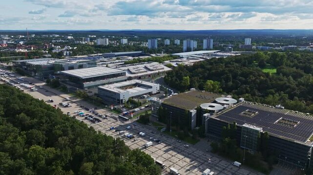 Aerial drone view of N&uuml;rnbergMesse in Nuremberg, Germany.