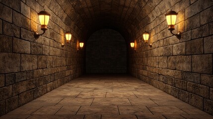 dimly lit stone corridor with vintage wall lamps and an arched ceiling, creating a mysterious and historic atmosphere.